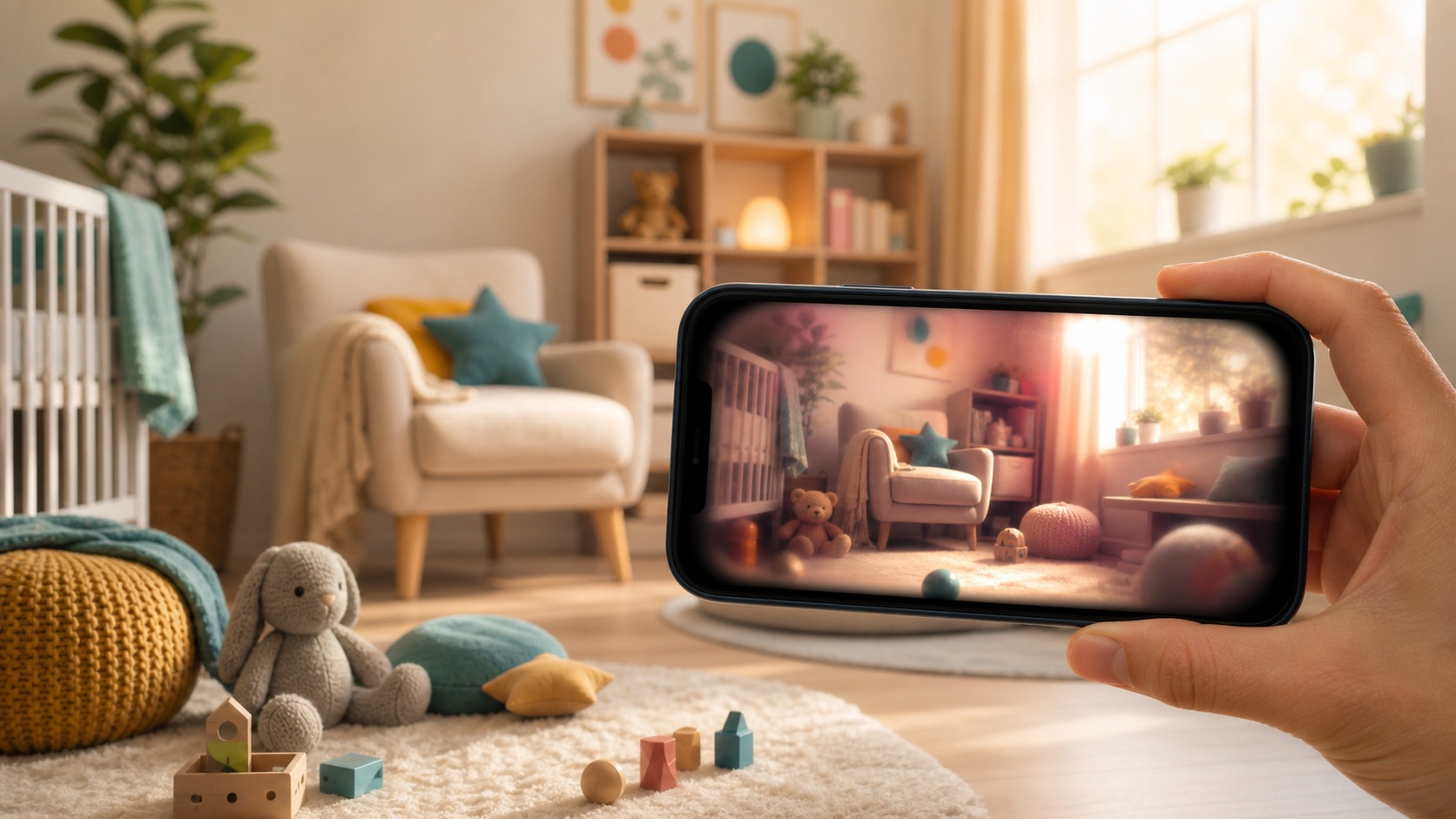 A phone showing a soft baby-vision camera effect